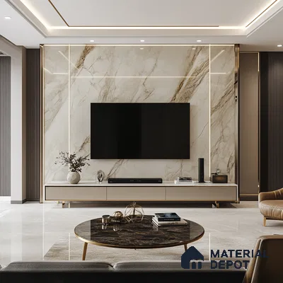 Luxurious Living Room with Marble Feature Wall and Gold Accents | Material Depot