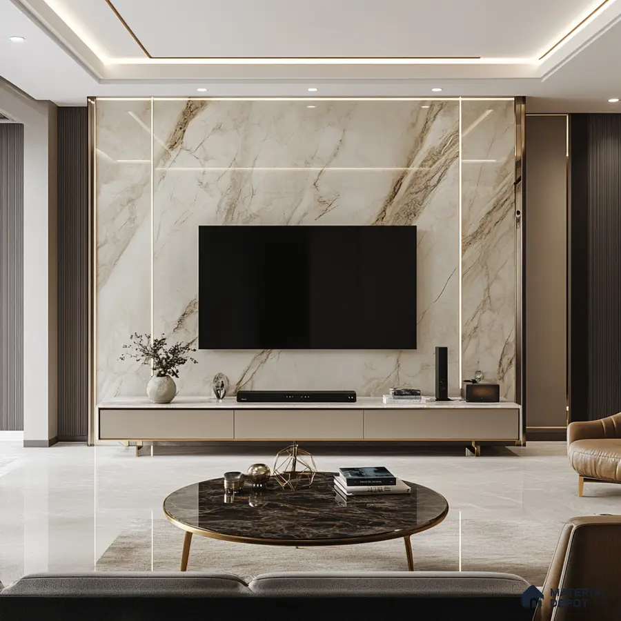 Luxurious Living Room with Marble Feature Wall and Gold Accents | Material Depot