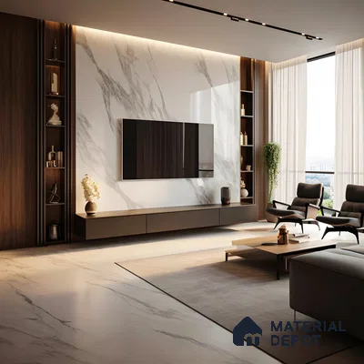 Luxurious Living Room with Marble Feature Wall and Wooden Accents | Material Depot