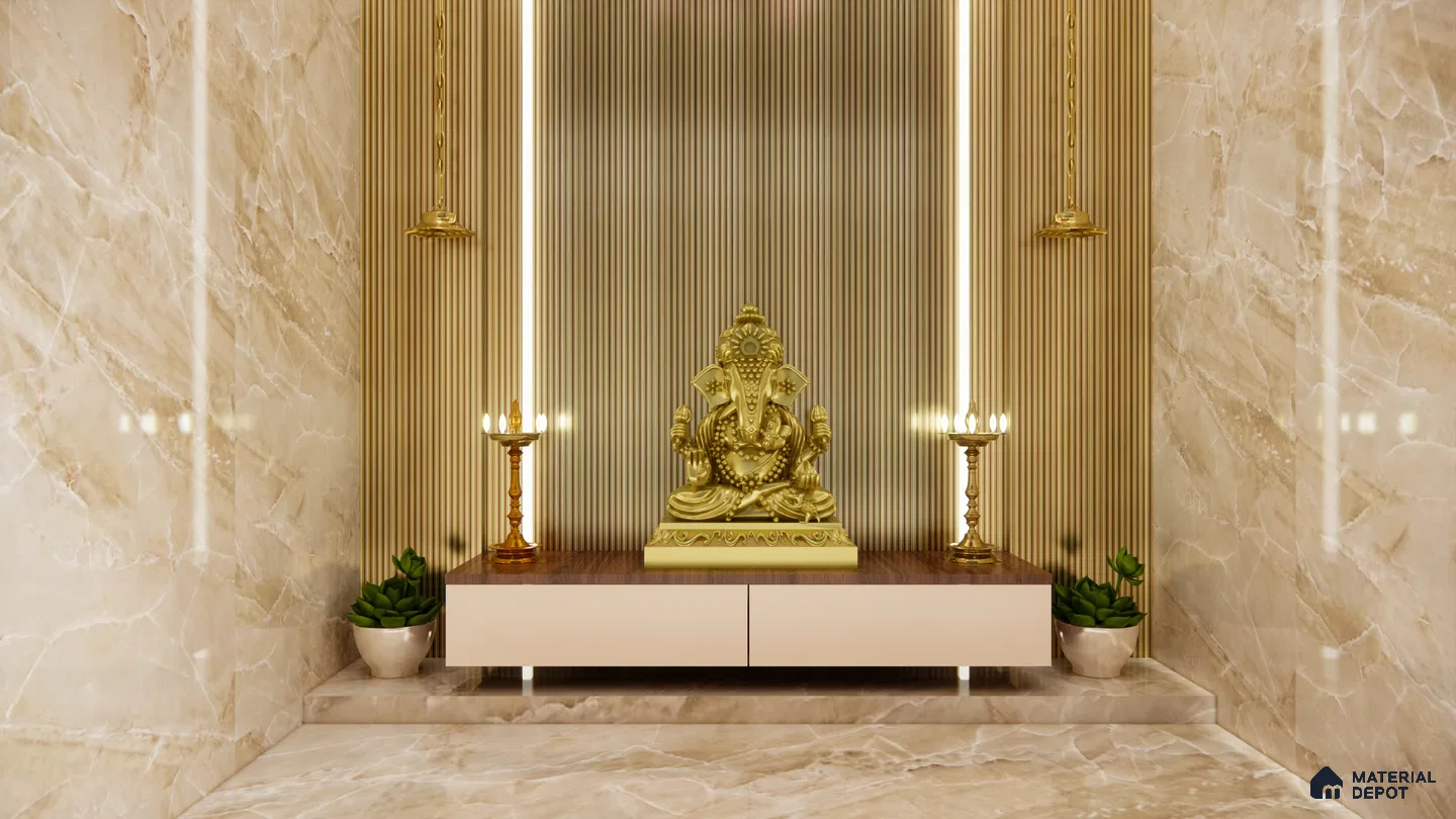 Luxurious Mandir Design with Fluted Panels and Golden Accents | Material Depot
