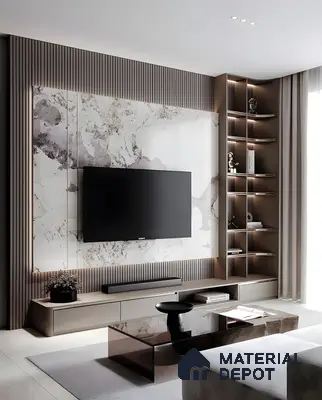 Luxurious Marble-Backed Tv Wall With Fluted Accents And Curved Open Shelves | Material Depot