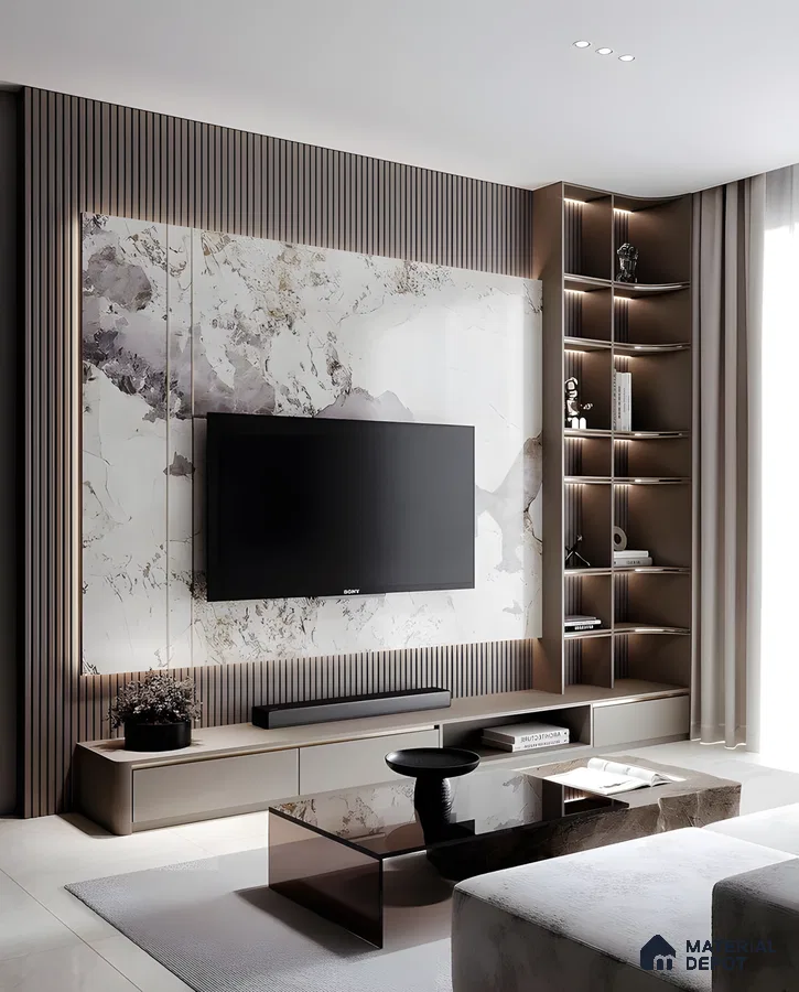 Luxurious Marble-Backed Tv Wall With Fluted Accents And Curved Open Shelves | Material Depot