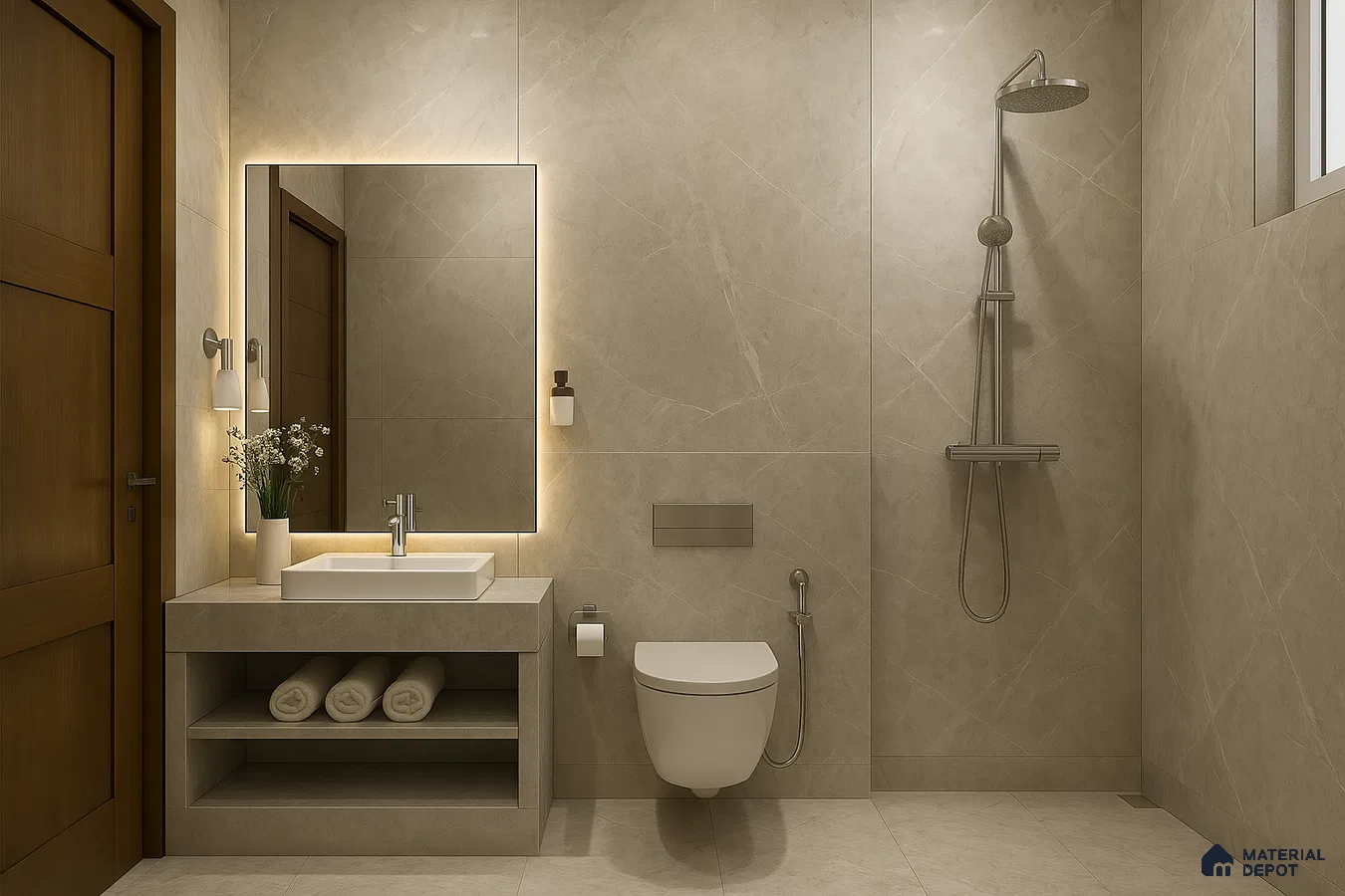 Luxurious marble bathroom design for 2BHK Prestige Somerville in Whitefield | Material Depot