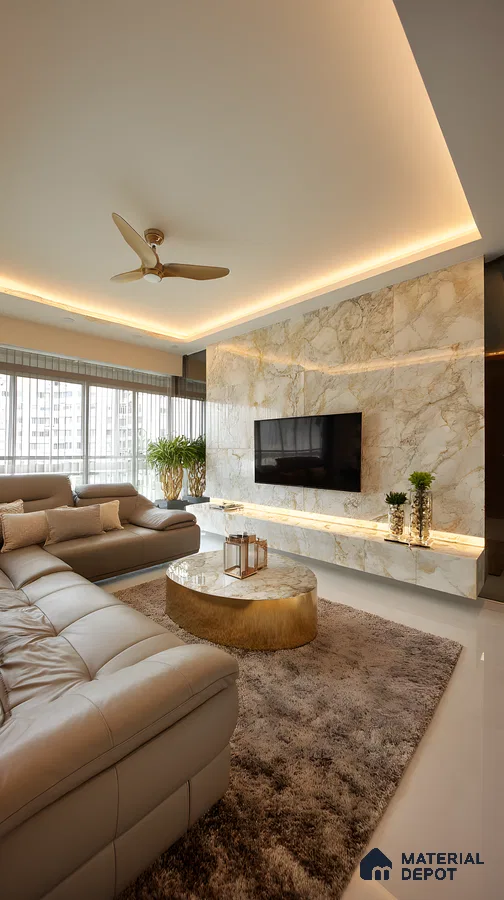 Luxurious Marble Clad Living Room With Golden Accents And Ambient Lighting Ad1158Fb22 | Material Depot