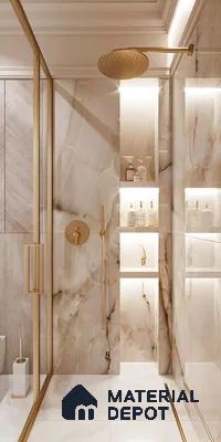 Luxurious Marble Elegance: Opulent Bathroom Design with Golden Accents and Soft Illumination | Material Depot