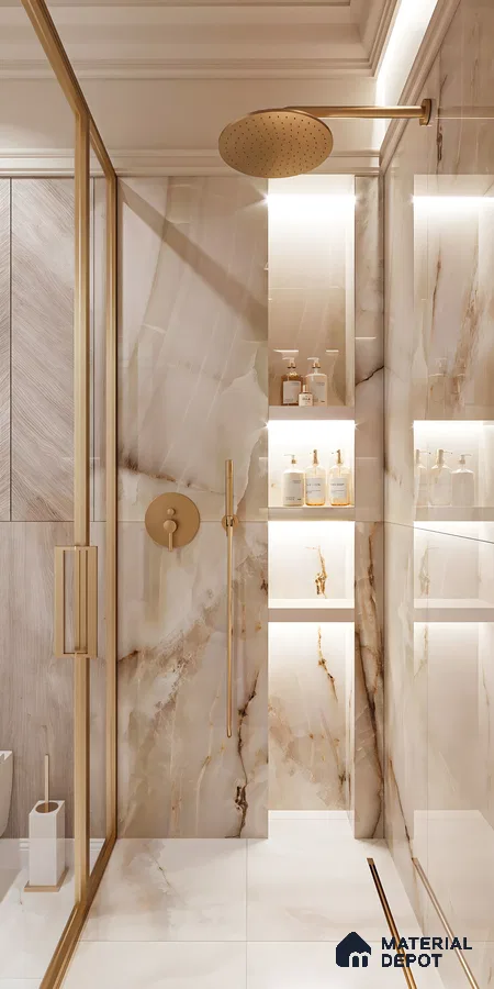 Luxurious Marble Elegance: Opulent Bathroom Design with Golden Accents and Soft Illumination | Material Depot
