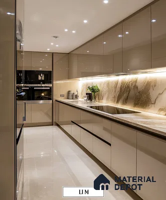 Luxurious Marble Kitchen with Mirrored Cabinetry | Material Depot