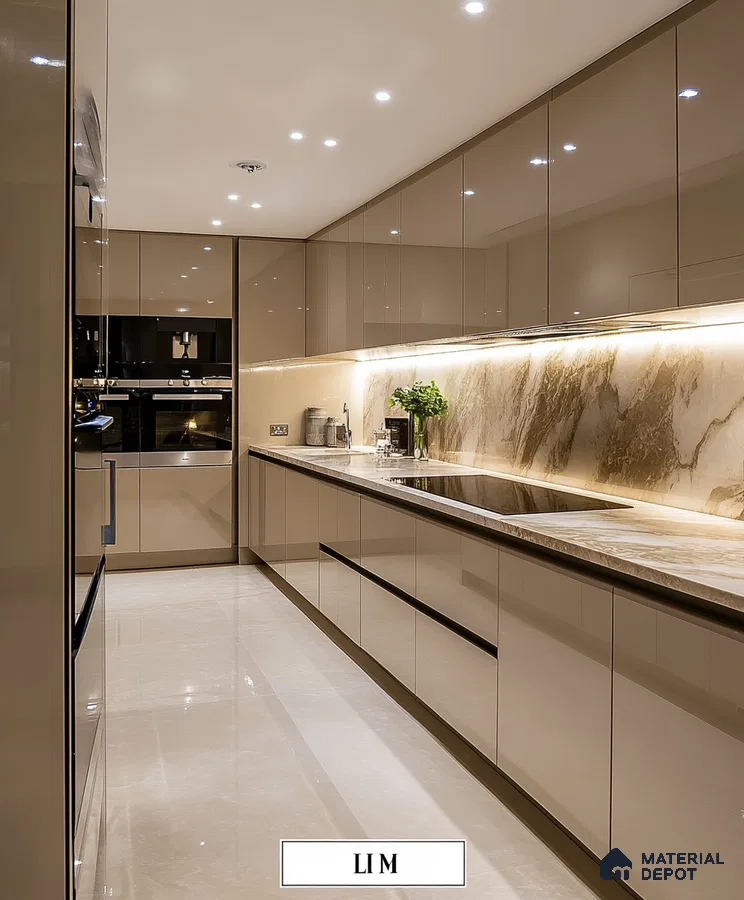 Luxurious Marble Kitchen with Mirrored Cabinetry | Material Depot