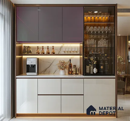 Luxurious Metallic Purple and Cream Sparkle Glossy Solid Laminate Kitchen Unit | Material Depot
