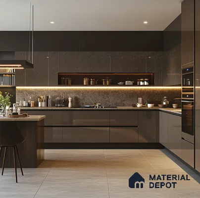 Luxurious Mocha Sparkle Glossy Solid Laminate Kitchen with Warm Lighting | Material Depot