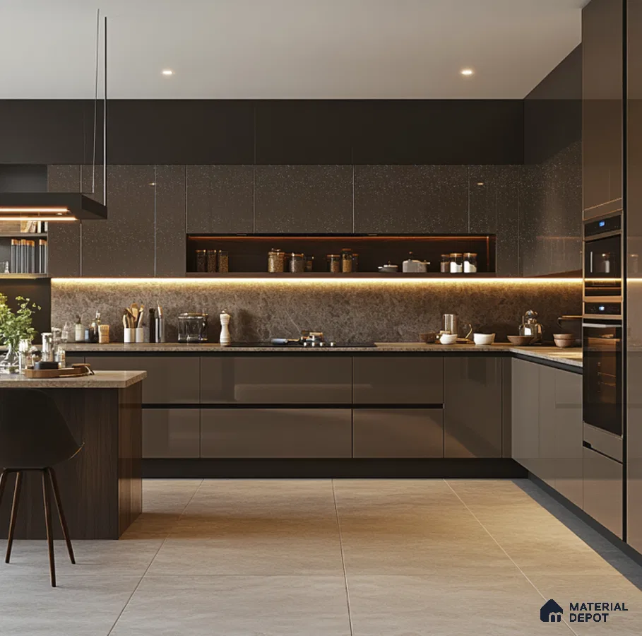 Luxurious Mocha Sparkle Glossy Solid Laminate Kitchen with Warm Lighting | Material Depot