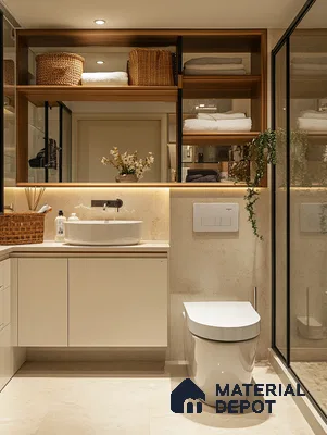 Luxurious Modern Bathroom with Rattan Storage Baskets and Sleek Countertops | Material Depot
