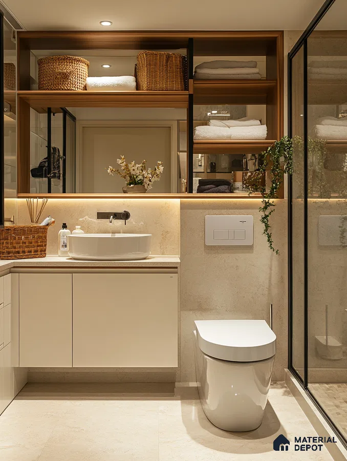 Luxurious Modern Bathroom with Rattan Storage Baskets and Sleek Countertops | Material Depot