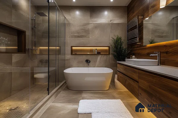 Luxurious Modern Bathroom with Wood Accents and Freestanding Tub | Material Depot