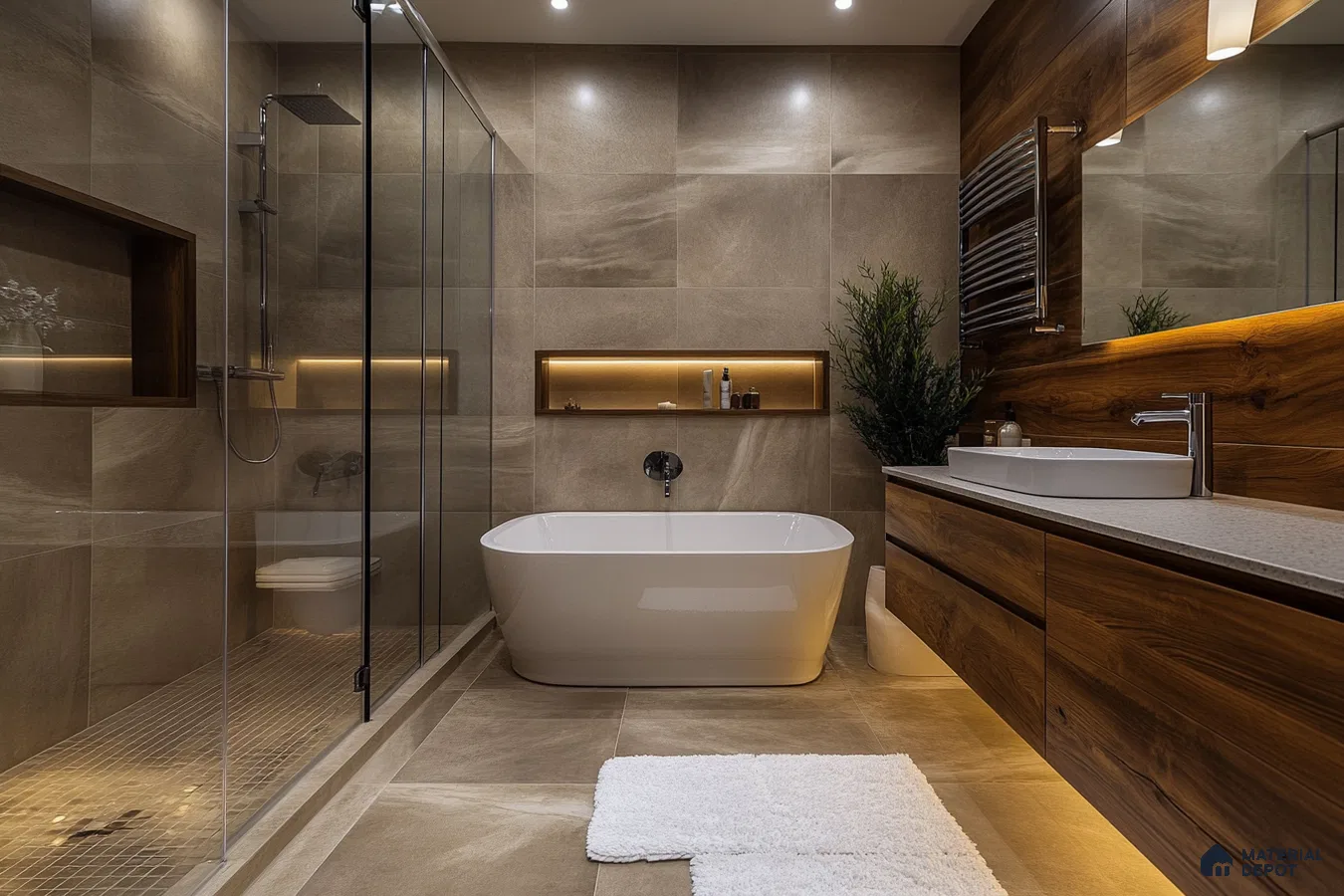 Luxurious Modern Bathroom with Wood Accents and Freestanding Tub | Material Depot