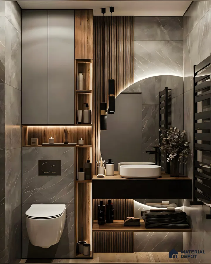 Luxurious Modern Bathroom with Wood and Marble Accents | Material Depot