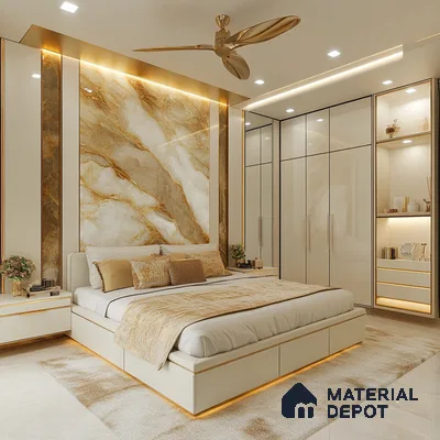 Luxurious Modern Bedroom Design with Marble Accent Wall and Custom Storage Arvind Forest Trails Sarjapur Road | Material Depot