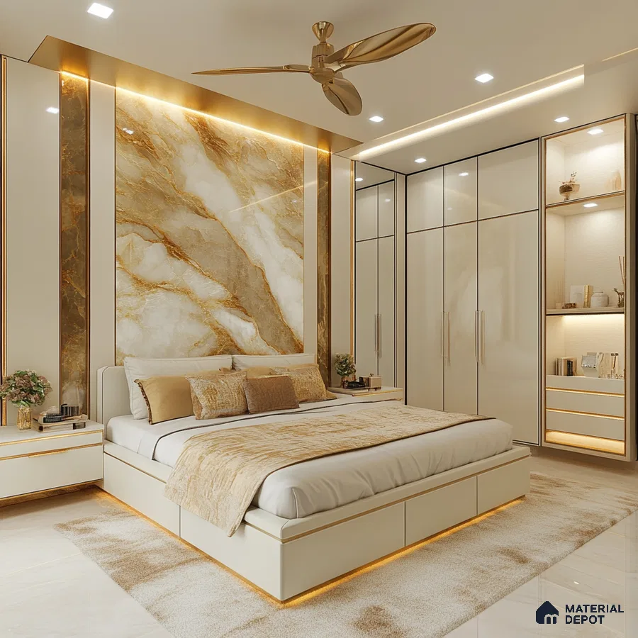 Luxurious Modern Bedroom Design with Marble Accent Wall and Custom Storage Arvind Forest Trails Sarjapur Road | Material Depot