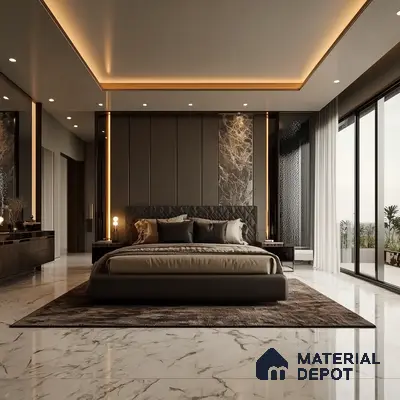 Luxurious Modern Bedroom Design with Marble Floors and Statement Headboard Prestige Glenbrook Whitefield | Material Depot
