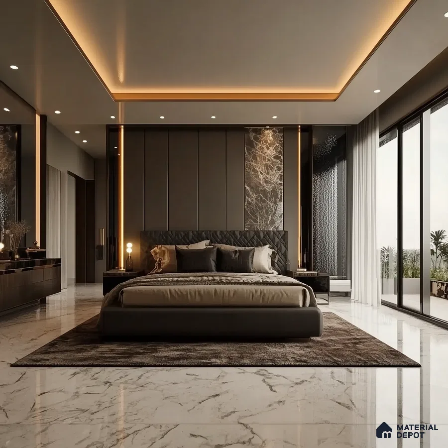 Luxurious Modern Bedroom Design with Marble Floors and Statement Headboard Prestige Glenbrook Whitefield | Material Depot