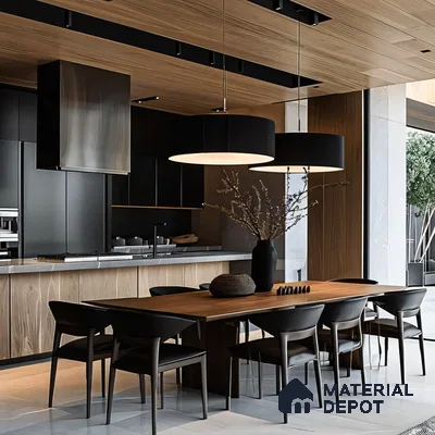 Luxurious Modern Dining Room with Rectangular Table and Pendant Lighting | Material Depot