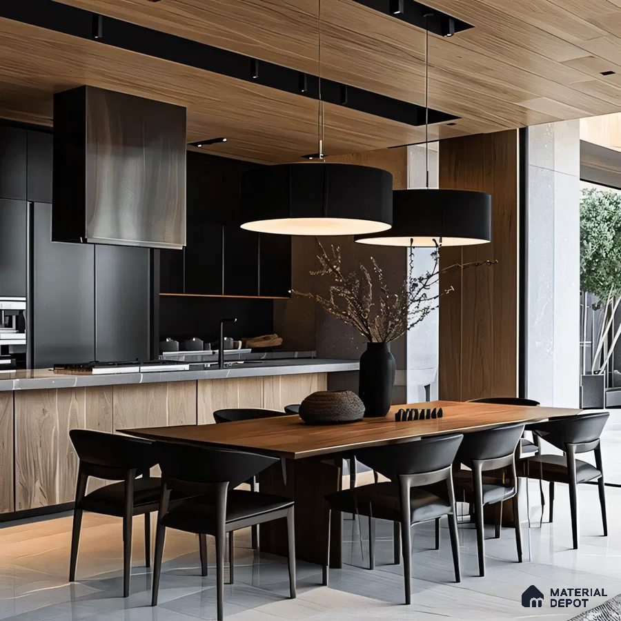 Luxurious Modern Dining Room with Rectangular Table and Pendant Lighting | Material Depot