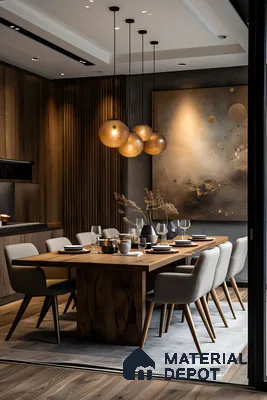 Luxurious Modern Dining Room with Rectangular Table and Pendant Lighting | Material Depot