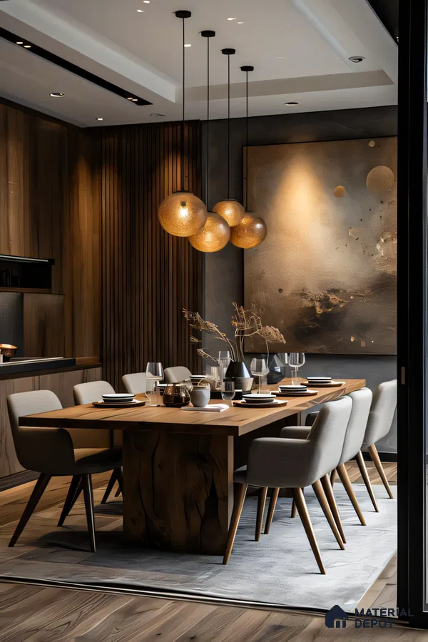 Luxurious Modern Dining Room with Rectangular Table and Pendant Lighting | Material Depot