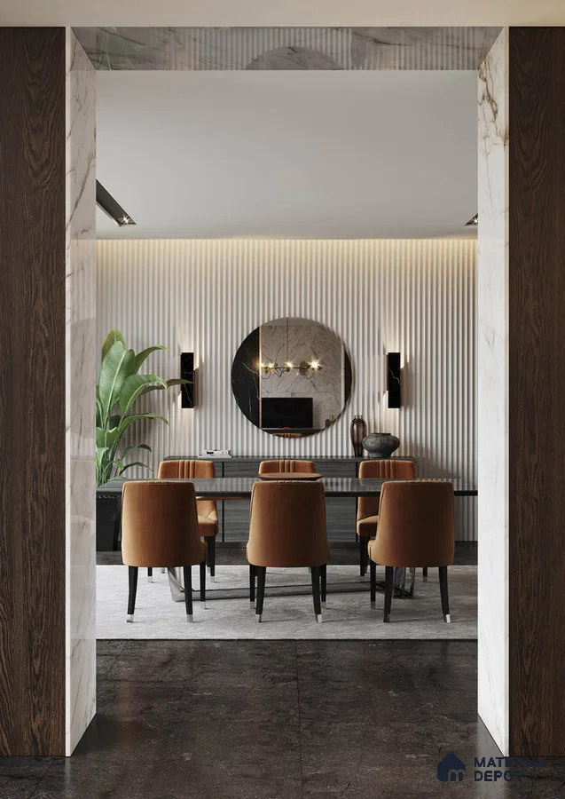 Luxurious Modern Dining Room with Vertical Wall Paneling and Pendant Lighting | Material Depot