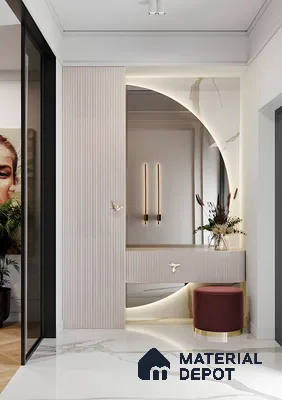 Luxurious Modern Entryway With Backlit Circular Mirror And Marble Flooring | Material Depot