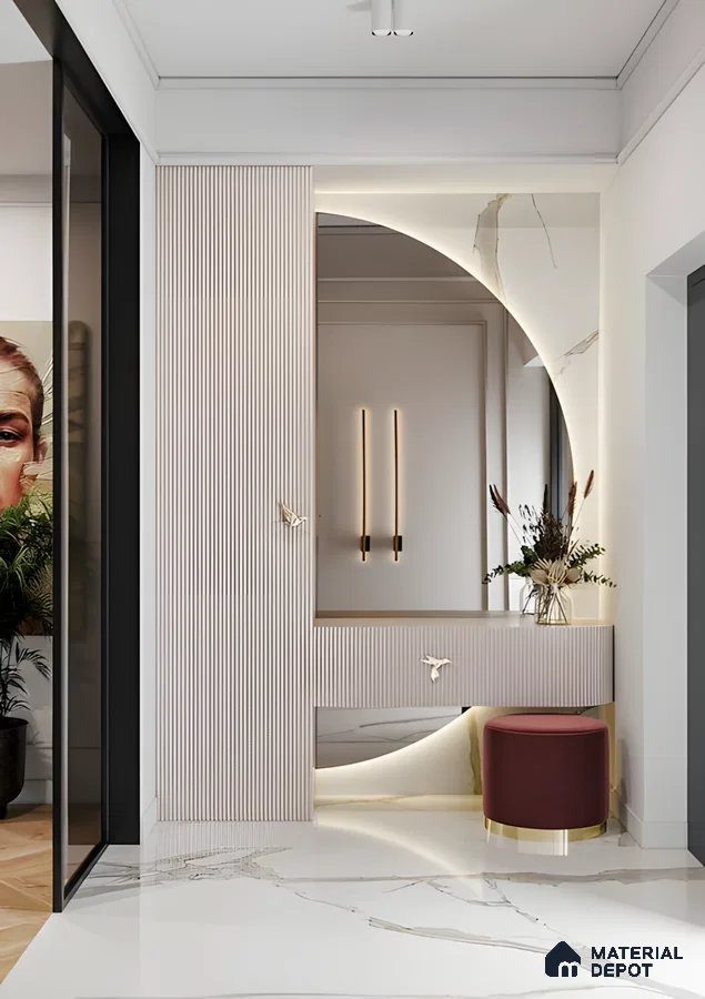 Luxurious Modern Entryway With Backlit Circular Mirror And Marble Flooring | Material Depot