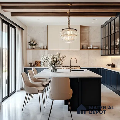 Luxurious Modern Kitchen with Dark Cabinetry and Crystal Chandelier | Material Depot