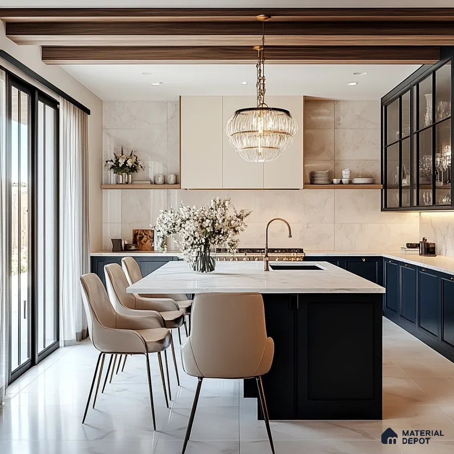 Luxurious Modern Kitchen with Dark Cabinetry and Crystal Chandelier | Material Depot
