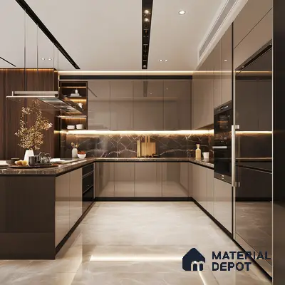 Luxurious Modern Kitchen with Dark Wood and Illuminated Marble Features | Material Depot