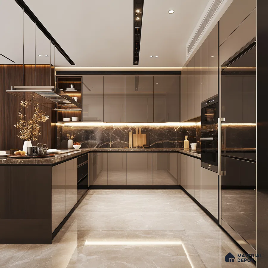 Luxurious Modern Kitchen with Dark Wood and Illuminated Marble Features | Material Depot