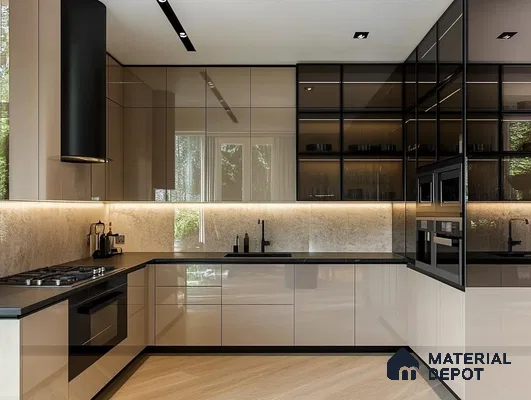 Luxurious Modern Kitchen with Reflective High-Gloss Cabinetry and Natural Light | Material Depot