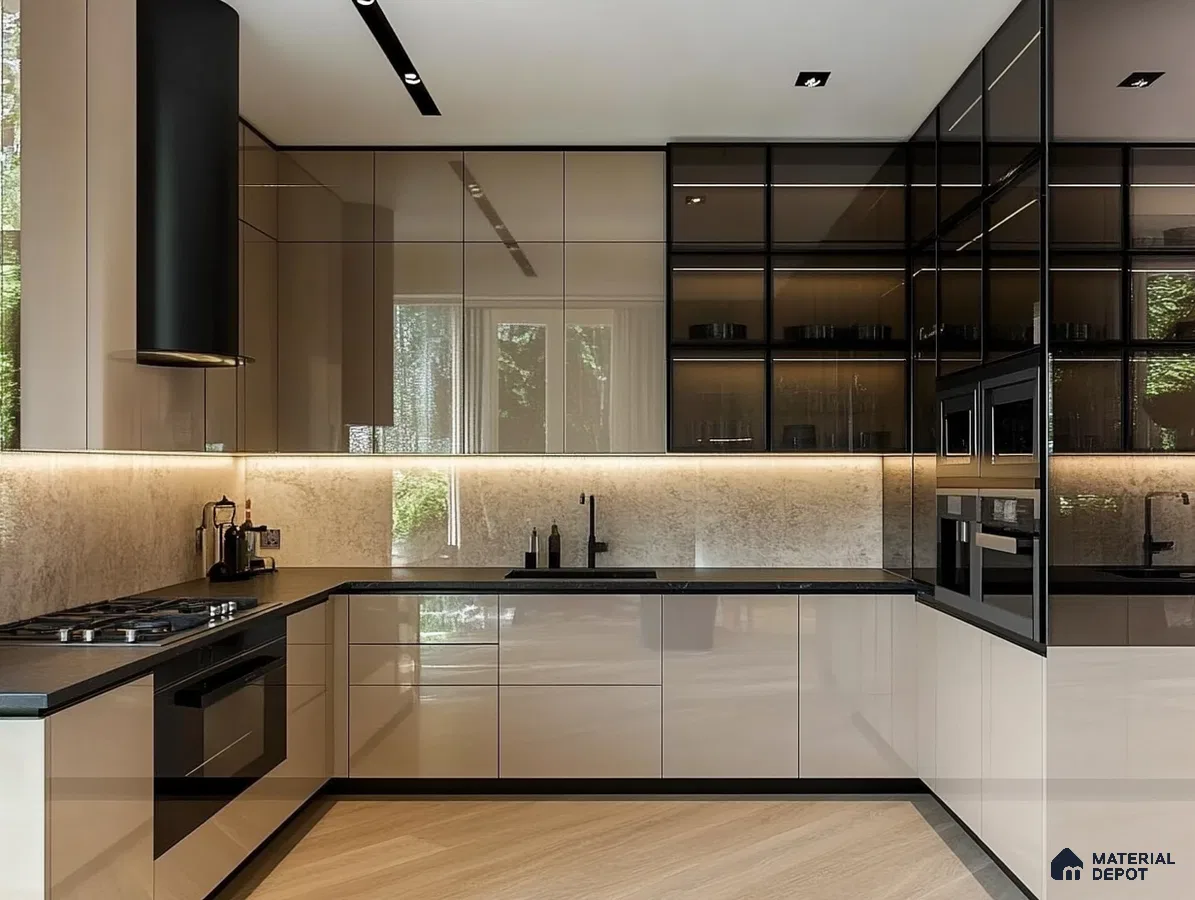 Luxurious Modern Kitchen with Reflective High-Gloss Cabinetry and Natural Light | Material Depot