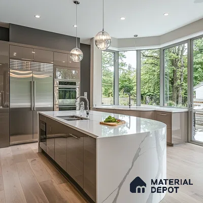 Luxurious Modern Kitchen with Scenic Views and Elegant Marble Countertops | Material Depot