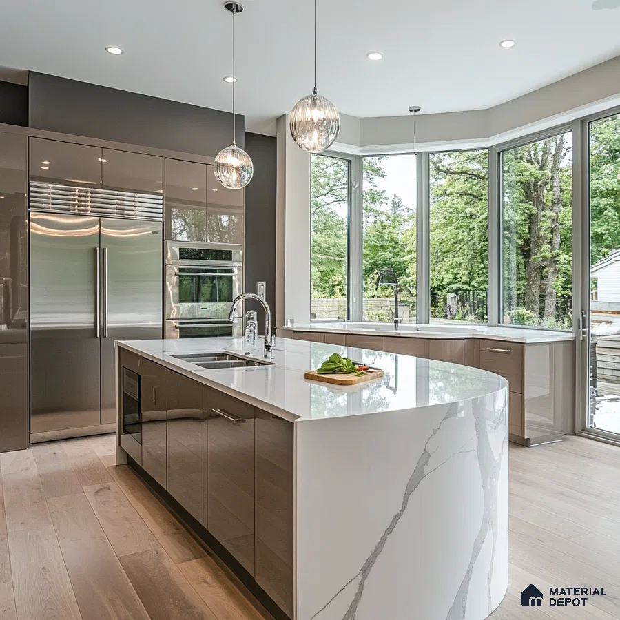 Luxurious Modern Kitchen with Scenic Views and Elegant Marble Countertops | Material Depot