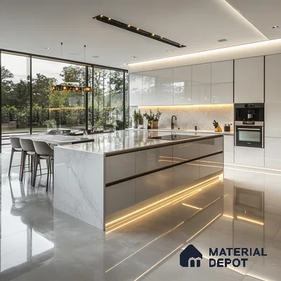 Luxurious Modern Kitchen with Sleek White and Gray Cabinetry, Marble Countertops, and Dramatic Lighting | Material Depot