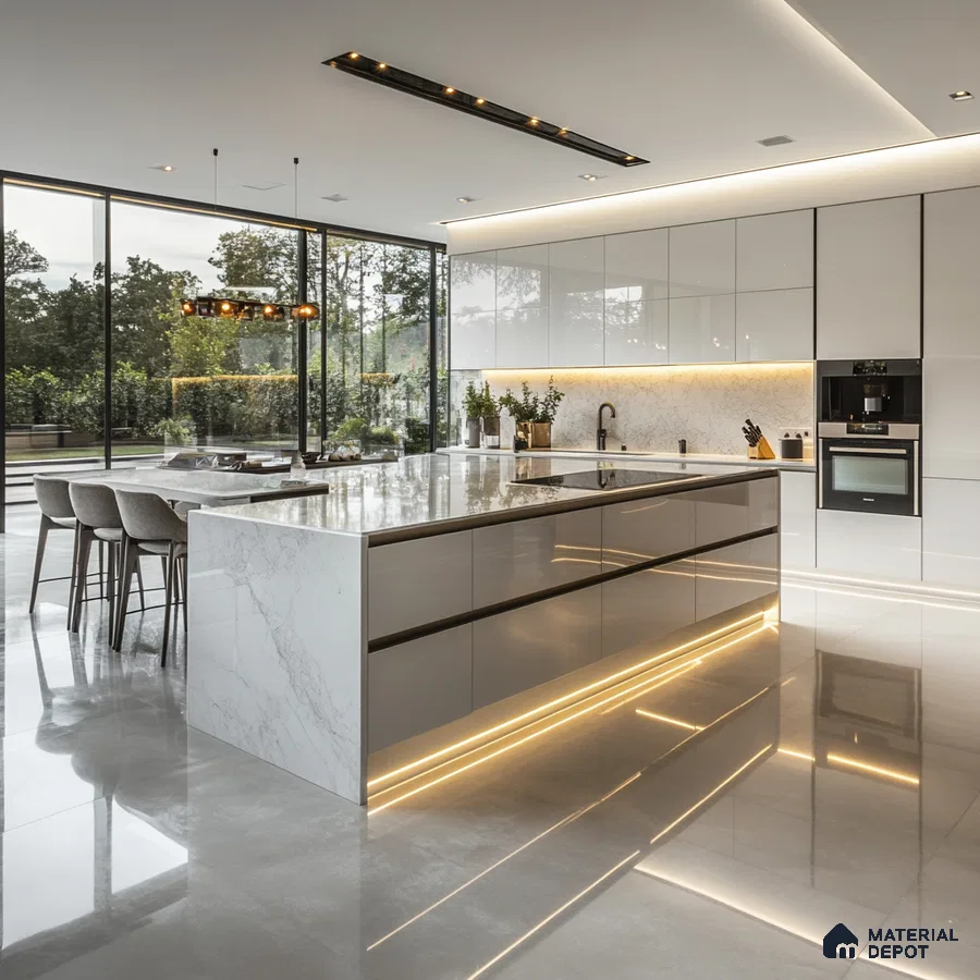 Luxurious Modern Kitchen with Sleek White and Gray Cabinetry, Marble Countertops, and Dramatic Lighting | Material Depot