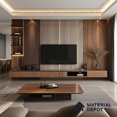 Luxurious Modern Living Room With Walnut Fluted Panels, Stone Clad Tv Wall, And Ambient Cove Lighting | Material Depot