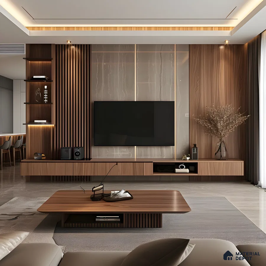Luxurious Modern Living Room With Walnut Fluted Panels, Stone Clad Tv Wall, And Ambient Cove Lighting | Material Depot