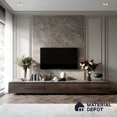 Luxurious Modern Tv Unit With Marble Feature Wall And Walnut Chevron Flooring 7Fe7Fd825D | Material Depot