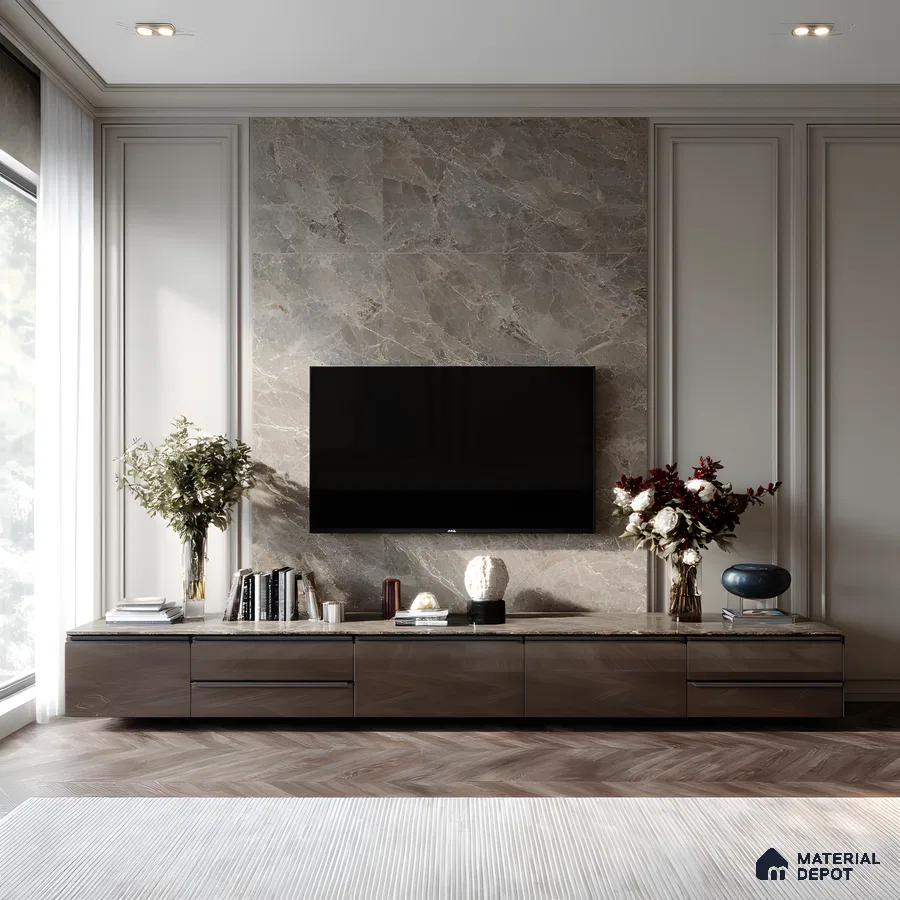 Luxurious Modern Tv Unit With Marble Feature Wall And Walnut Chevron Flooring 7Fe7Fd825D | Material Depot