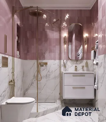 Luxurious Pink Marble Bathroom with Elegant Gold Fixtures and Modern Design | Material Depot