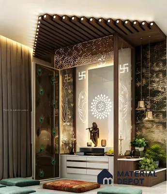 Luxurious Pooja Room with Wooden Slats and Seating Cushions | Material Depot