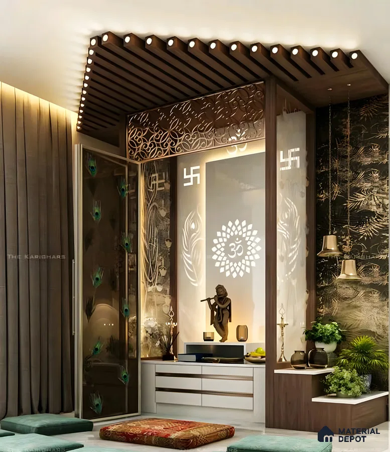Luxurious Pooja Room with Wooden Slats and Seating Cushions | Material Depot