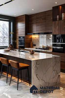 Luxurious Sleek and Sophisticated Kitchen with Marble and Wood Island | Material Depot