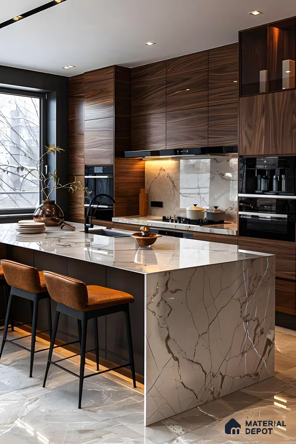 Luxurious Sleek and Sophisticated Kitchen with Marble and Wood Island | Material Depot